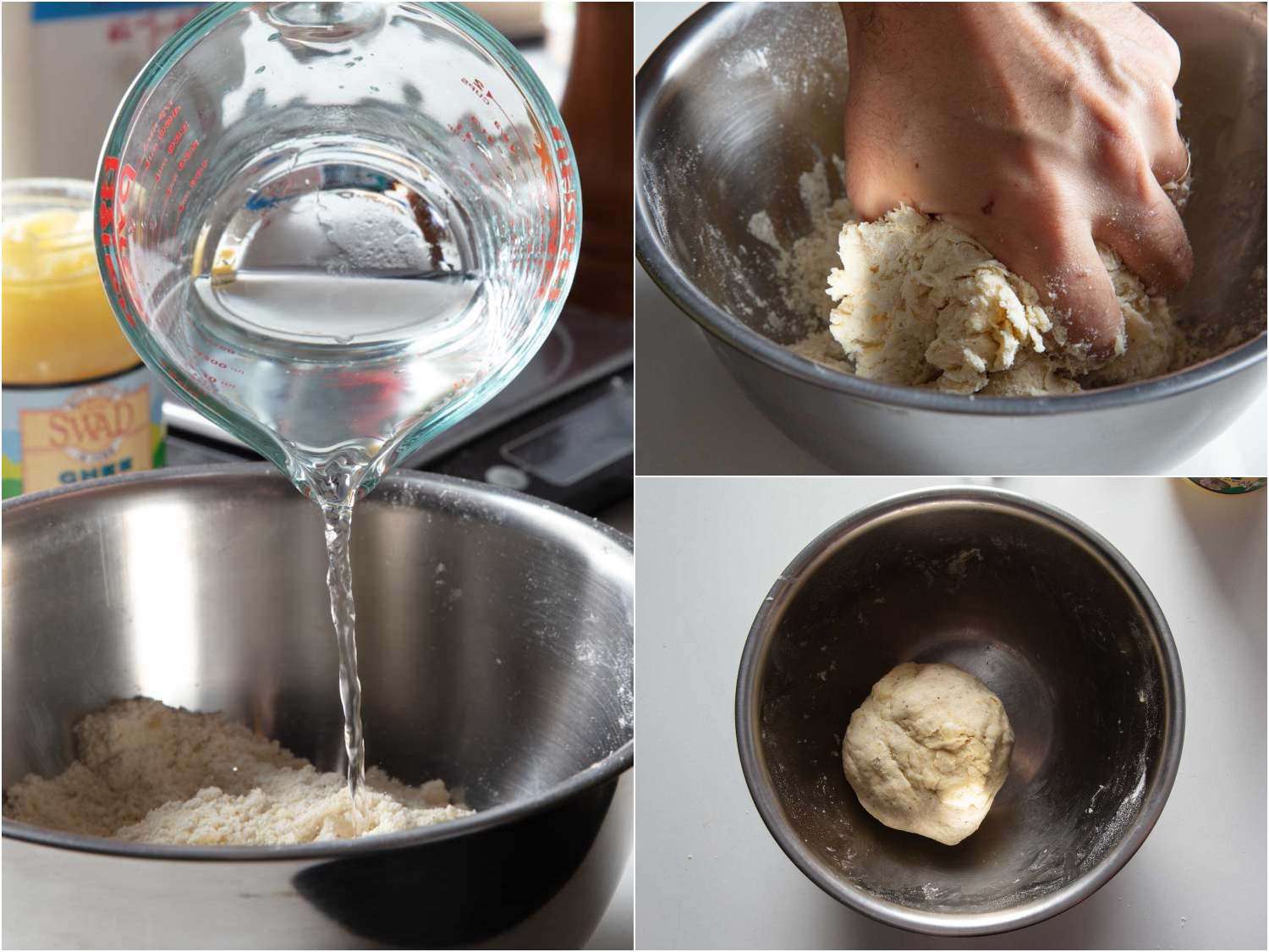 Collage of making the dough for chiroti. 