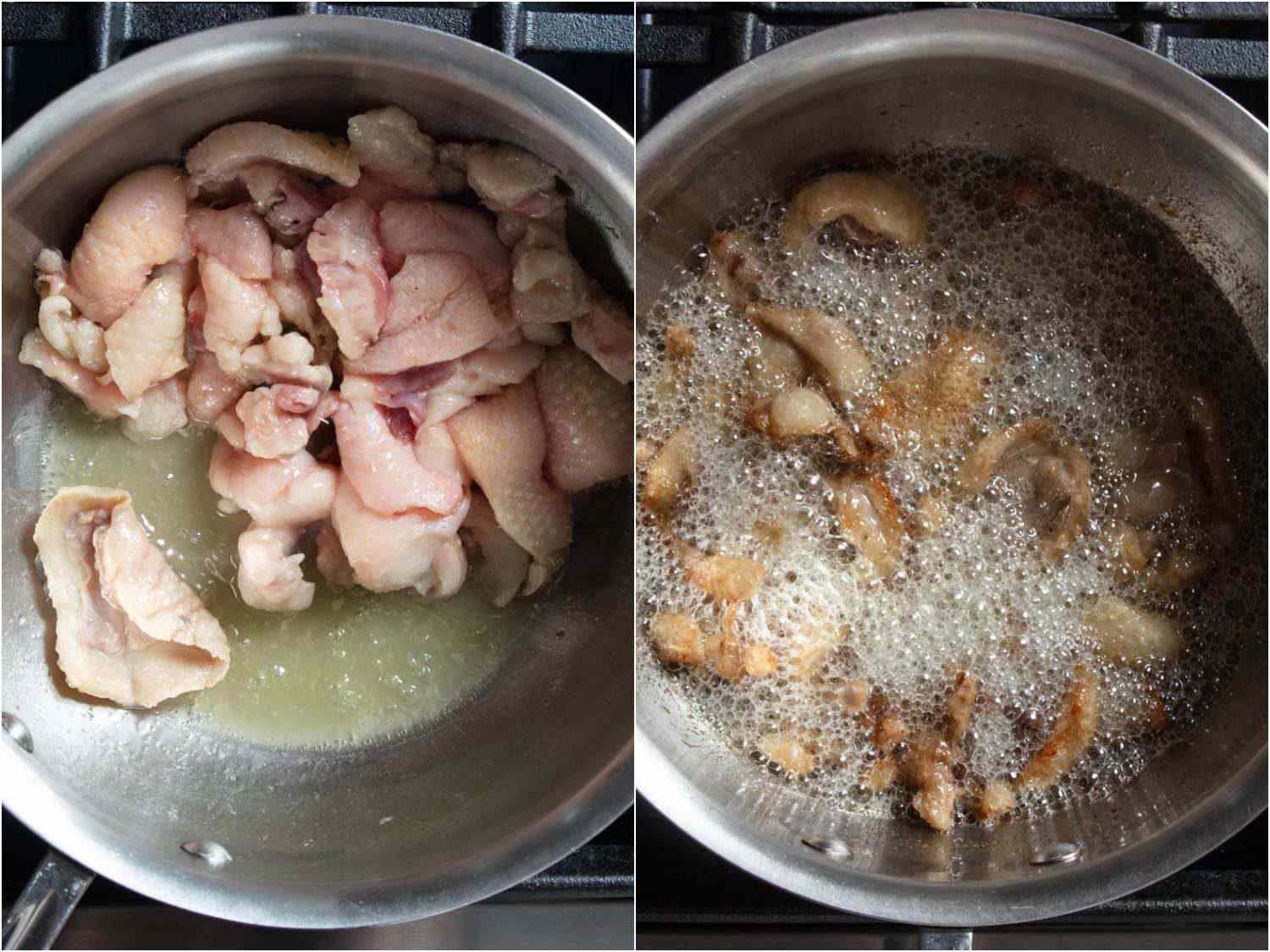 Photo collage of duck fat rendering in a saucepan, showing rapid bubbling as water evaporates.