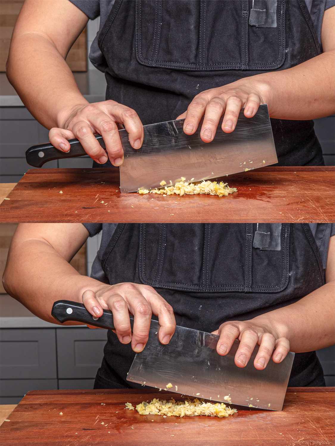 Two-image collage of a chef rocking a knife across ginger for a rock chop.