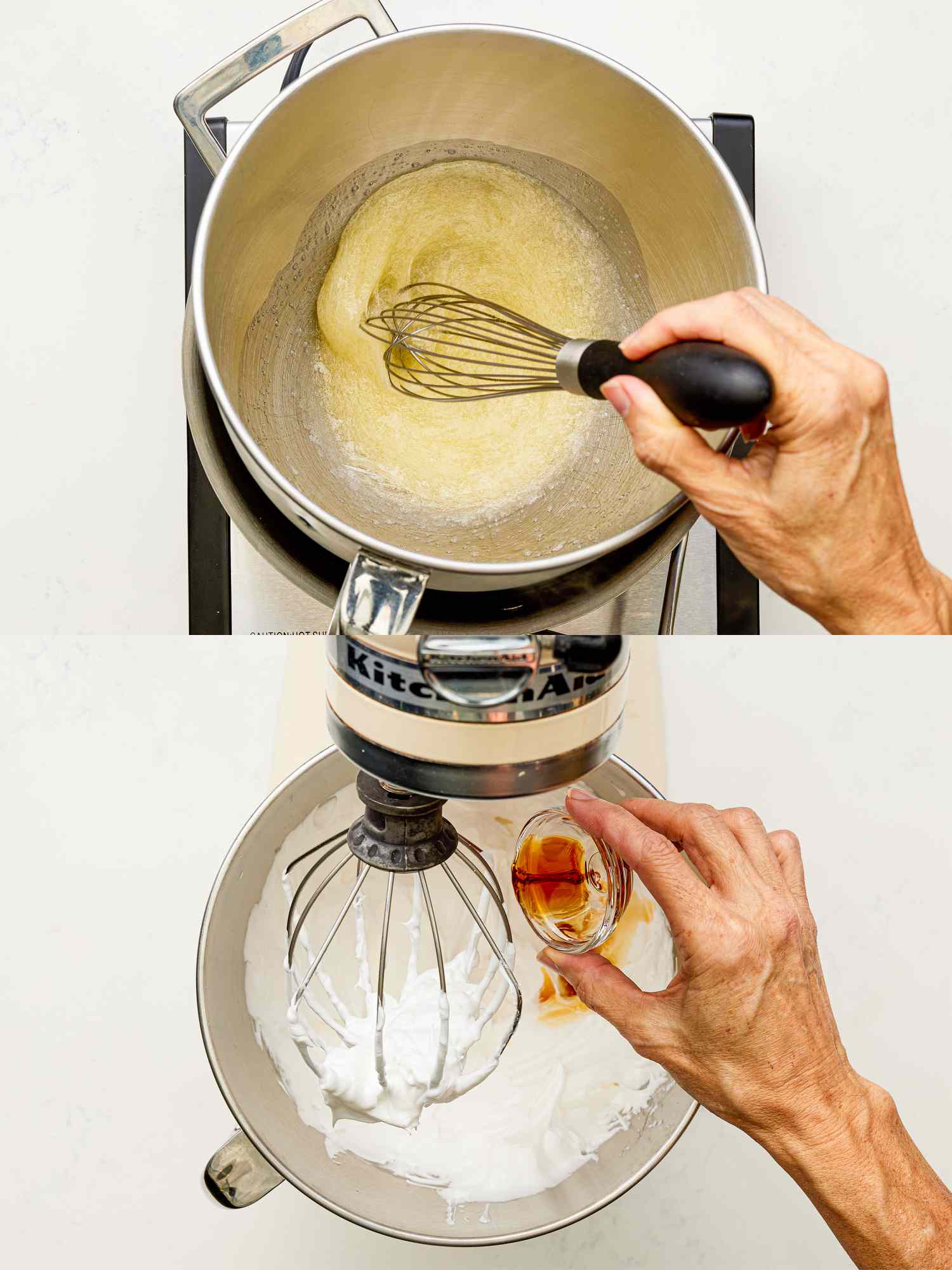 Overhead view of whisking egg in bowl and then adding vanilla