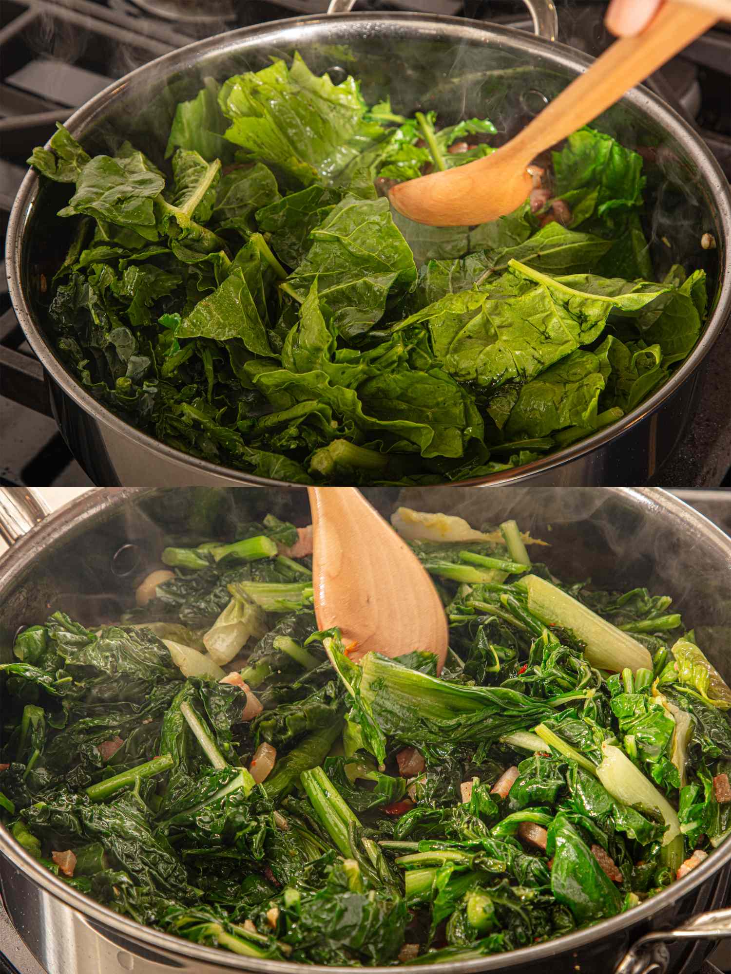 Cooking leafy greens in a pot with a wooden spoon shown in two stages during the process