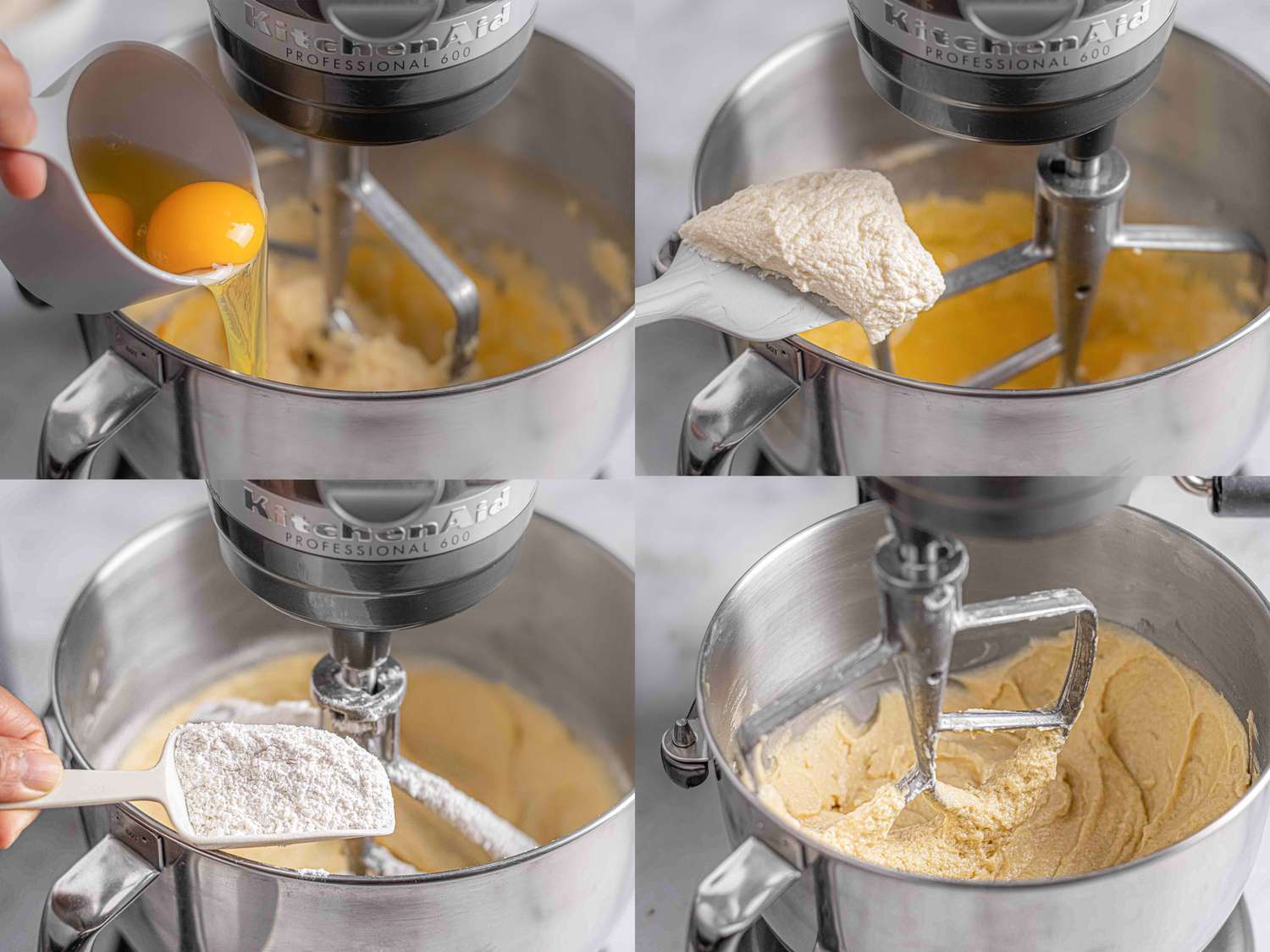 Four image collage of adding ingredients to stand mixer