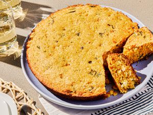 Overhead view of cornbread from skillet