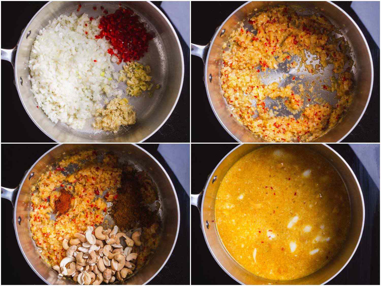 Collage of cooking aromatics, spices, cashews, and coconut milk in a saucepan