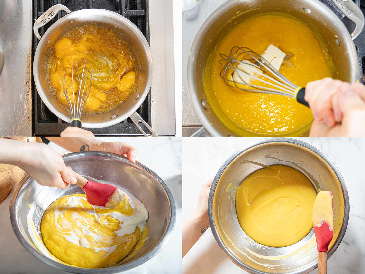 Four image collage of making lemon filling