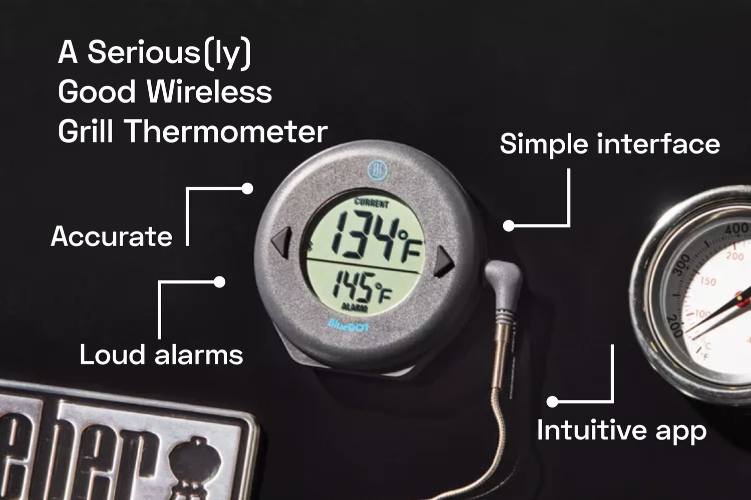 a wireless grill thermometer attached to a grill lid with text points around it
