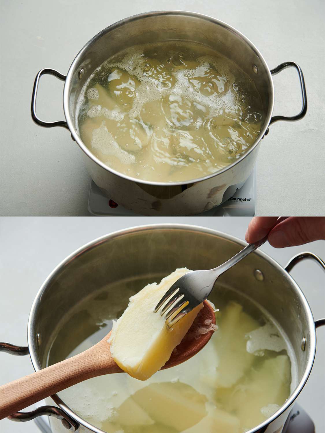 A two-image collage. The top image shows peeled chunks of russet potatoes being boiled in a stainless steel pot. The bottom image shows a chunk of potato held in a wooden spoon above the pot, with a fork poking it to show it's fully cooked.