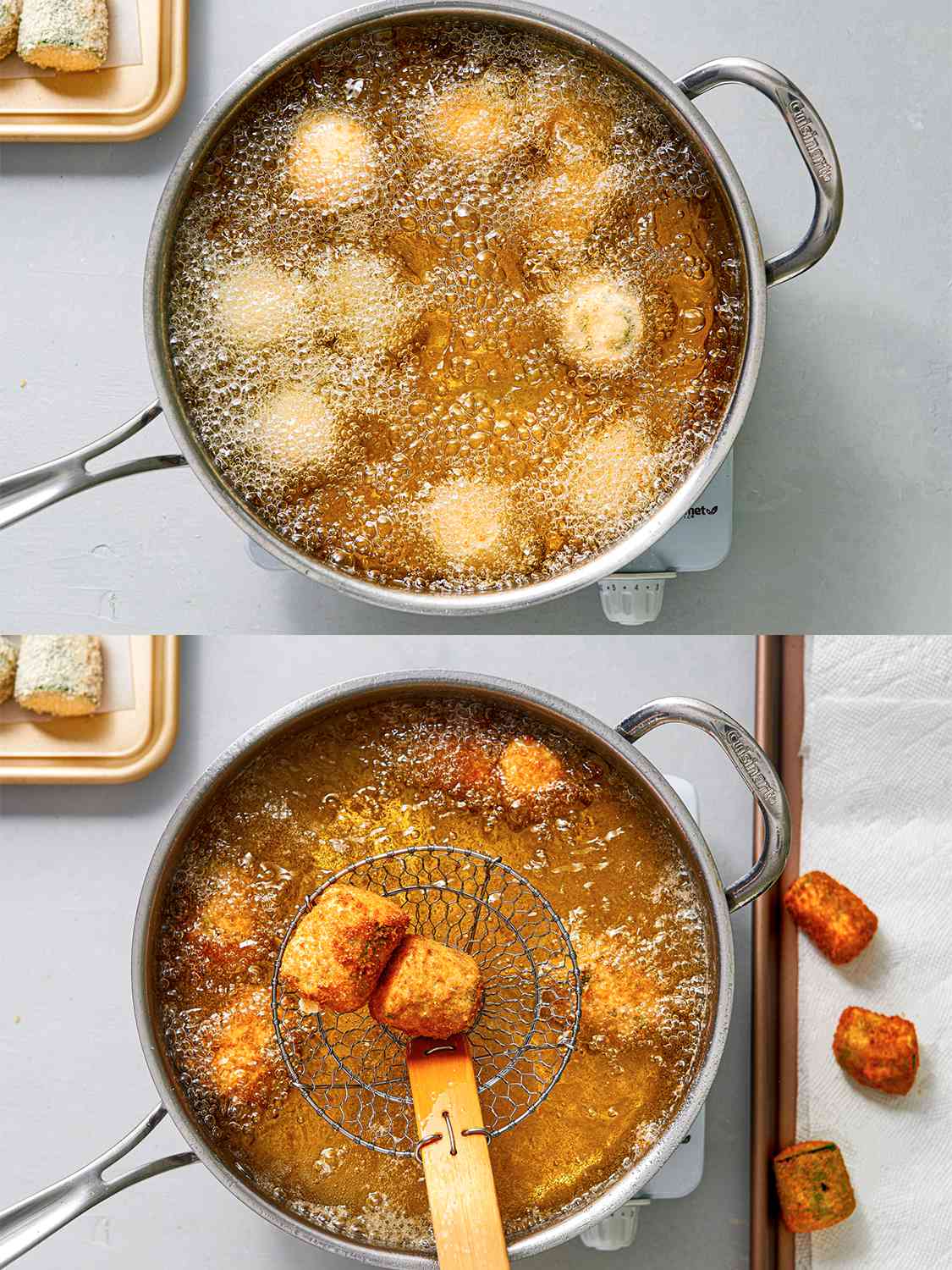 A two-image collage. The top image shows the breaded jalapeÃ±o poppers frying in a sautÃ© pan filled with hot oil. The bottom image shows a wooden-handled skimmer removing two poppers from the oil, showing they've golden brown and fully cooked.