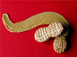Two homemade Nutter Butter cookies arranged against a wavy streak of peanut butter