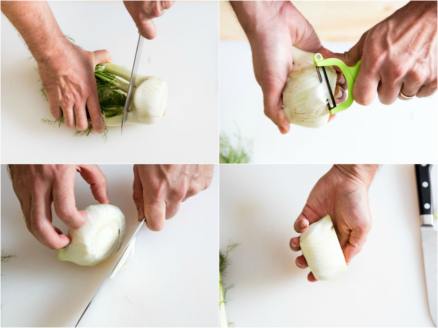 A collage that shows cutting the stalks off a fennel bulb, peeling it, and trimming the end.