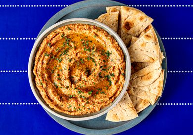 Overhead view of burnt eggplant and roasted red pepper dip 