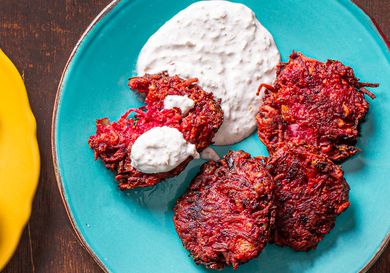 Overhead view of beets latkes