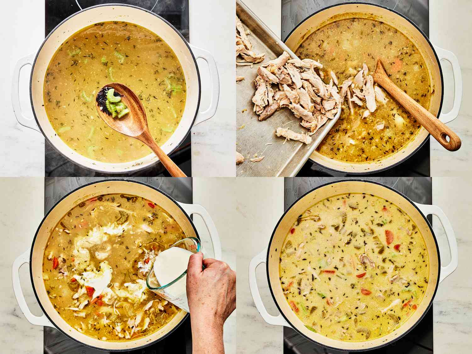 4 imame collage.Top Left: Adding vegetables and rice into pot with broth. Top right: Adding shredded chicken into pot. Bottom Left:Adding cream into pot with broth. Bottom Right: Soup fully cooked in pot 