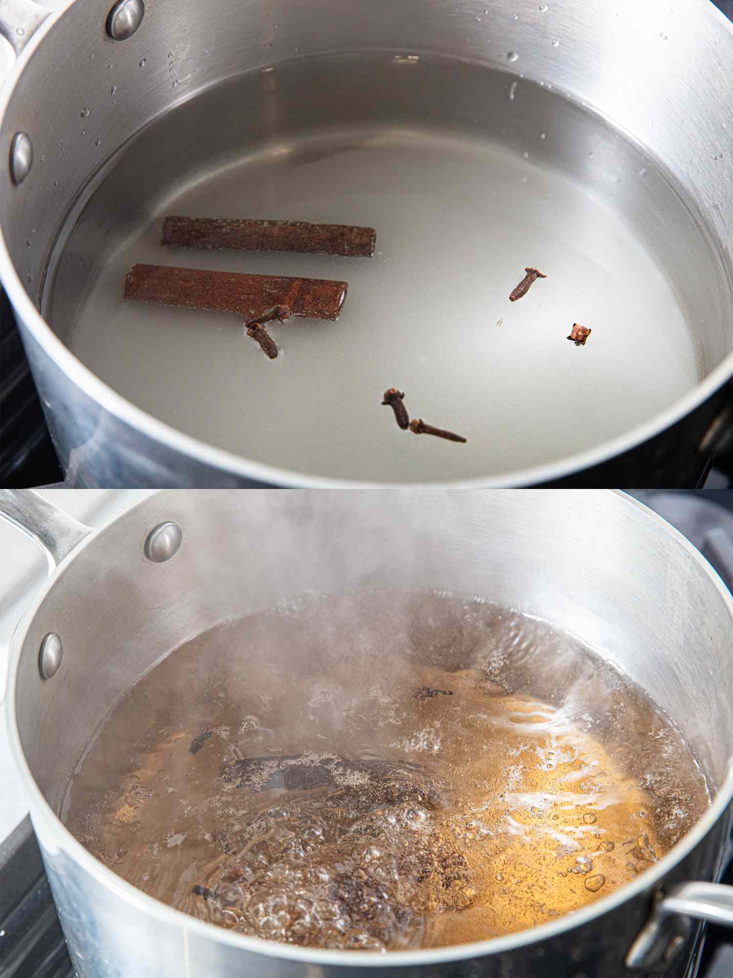 Two image collage of soaking sugar and spices