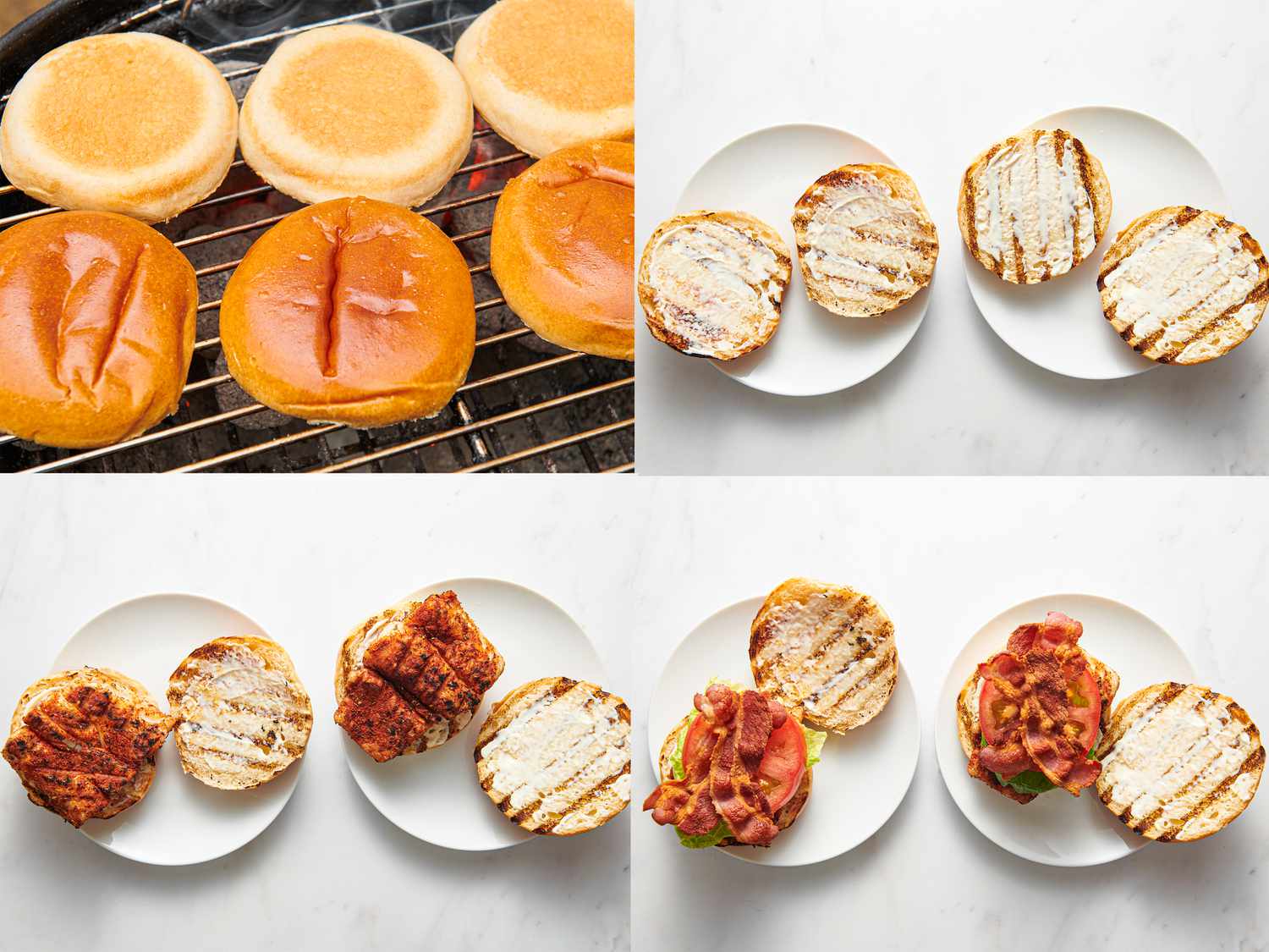 Buns toasting on hot side of grill, mayo spread on buns, fish fillets on bottom buns, and buns topped with lettuce, tomato, bacon, and fish fillets