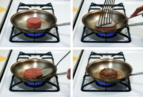 Collage of a burger patty being pan-fried, then flipped and smashed with the help of a wok spatula and a fish turner.