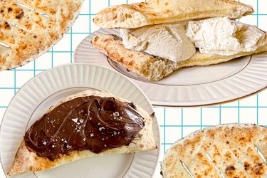 Composite image of focaccia ice cream sandwich, focaccia with Nutella, and plain focaccia