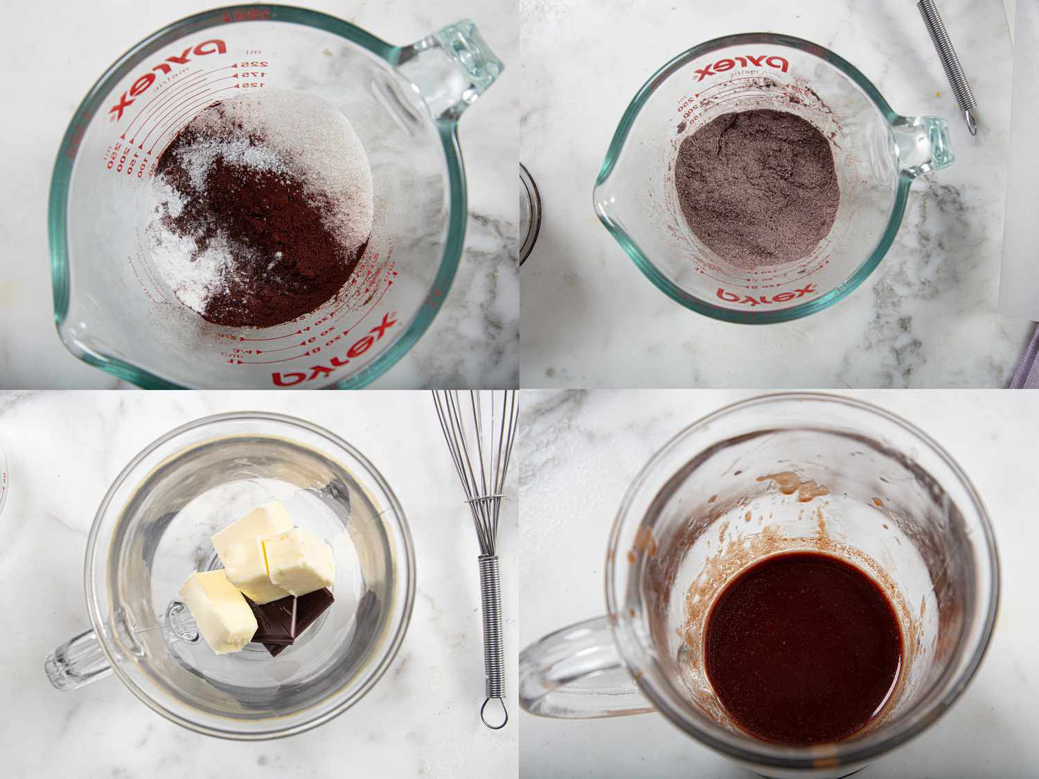 Four image collage of building cake batter