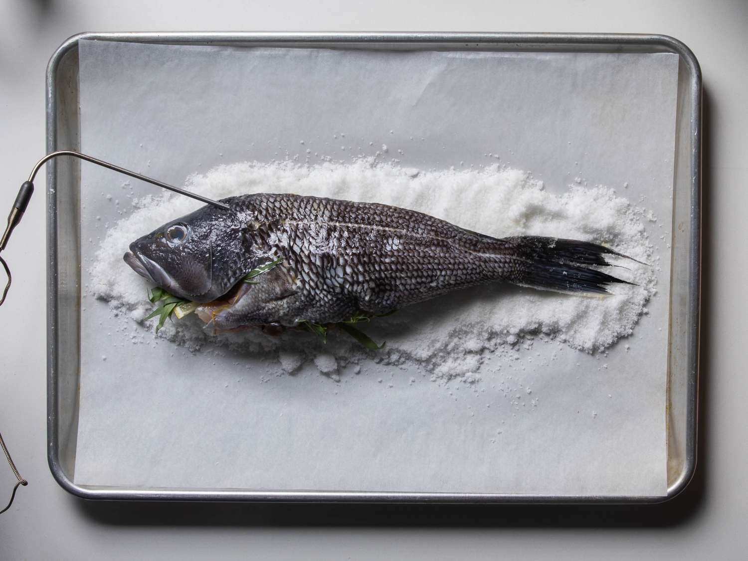 The whole fish is on the bed of salt, and a leave-in thermometer probe has been inserted into the thickest part of the fillet just behind the head.