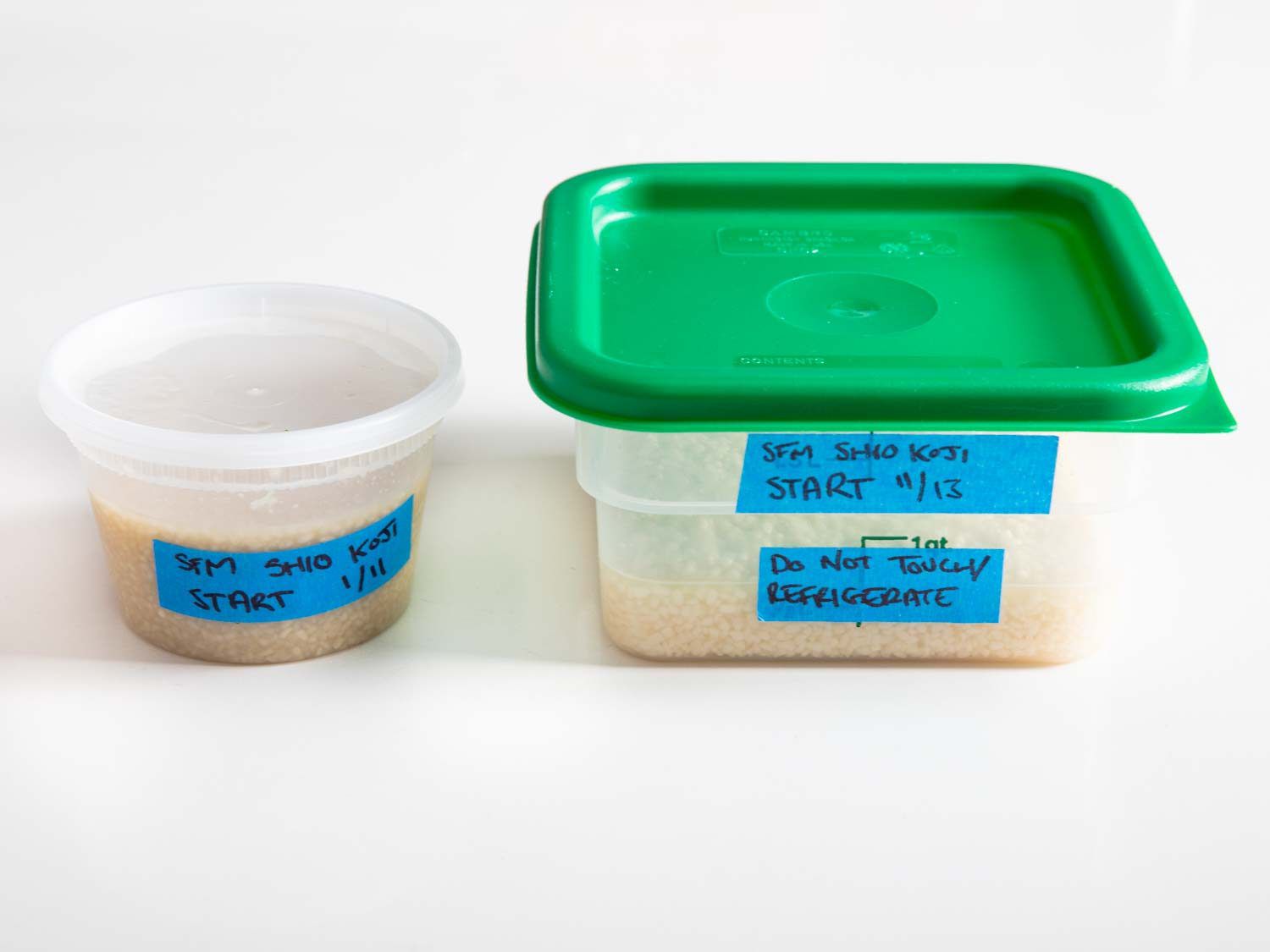 Side view closeup of two containers of shio koji, labeled with their fermentation start dates.