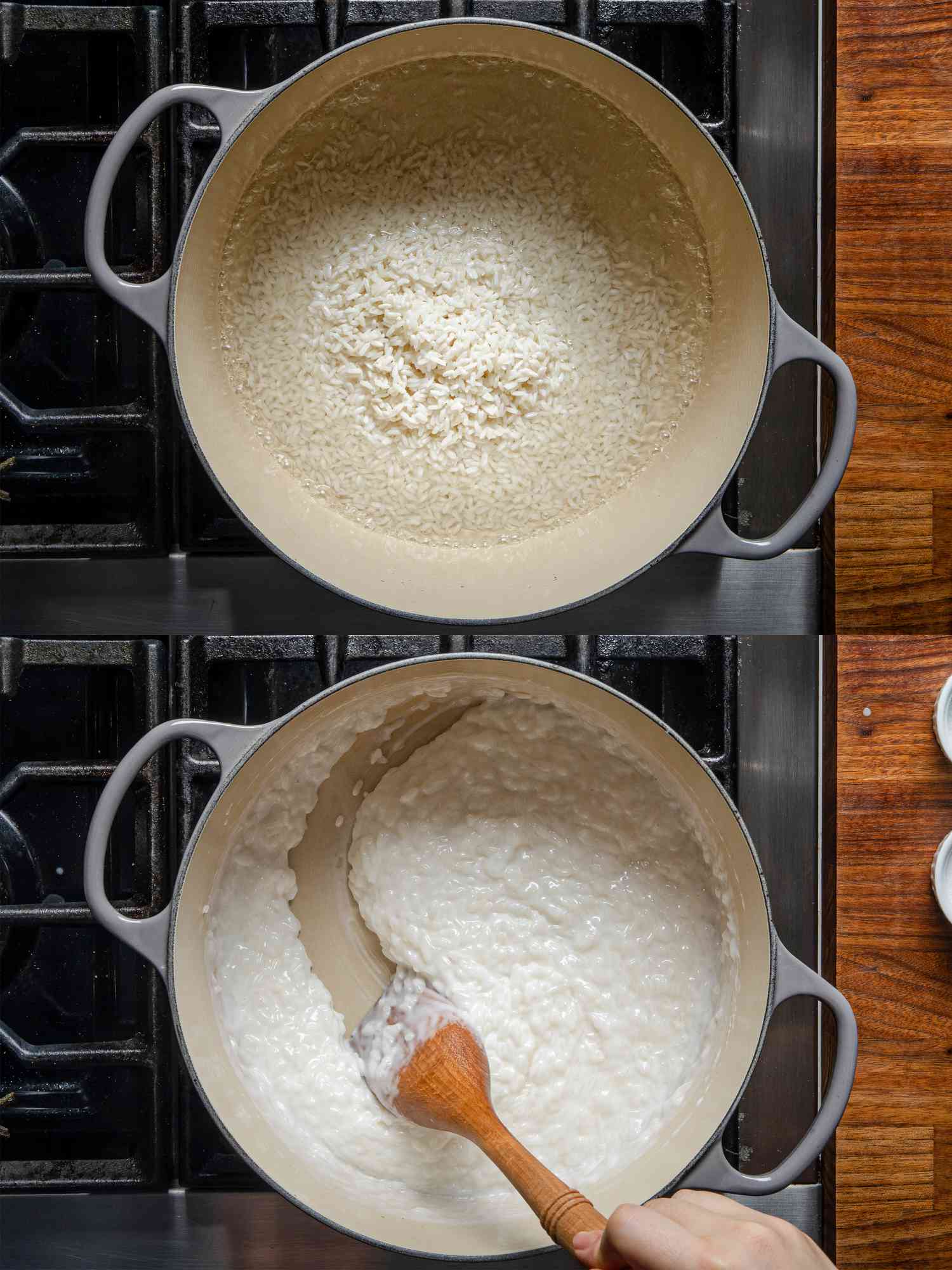 Two image collage of rice and coconut milk in a dutch oven and dragging a wooden spoon through the pot to rice a pudding like texture a