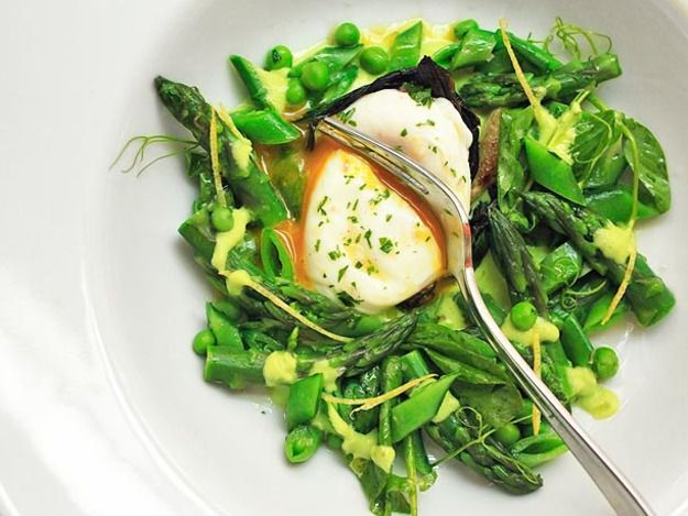 Spring Salad of Asparagus, Ramps, Snap Peas, and Peas With Poached Egg and Lemon Zest Vinaigrette