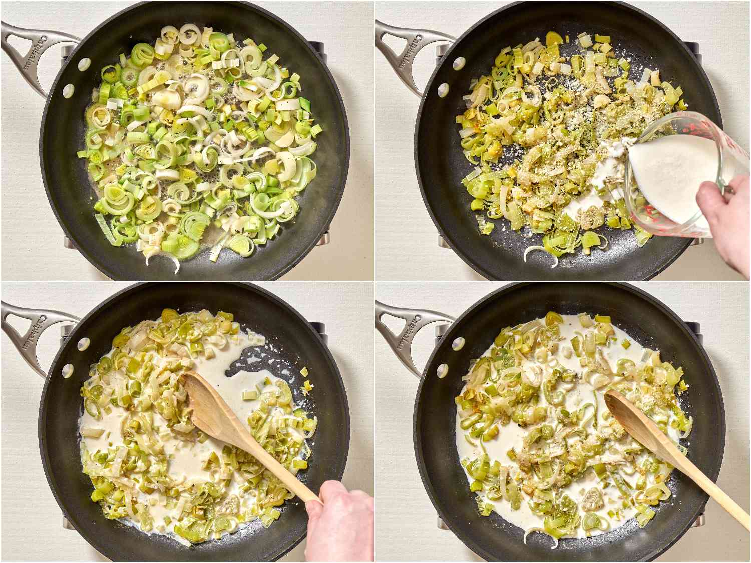 A four photo collage showing the process of making creamed leeks: Raw leeks in a skillet, adding cream, stirring, and finishing.