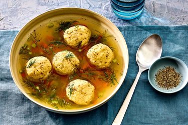 Overhead view of matzo ball soup