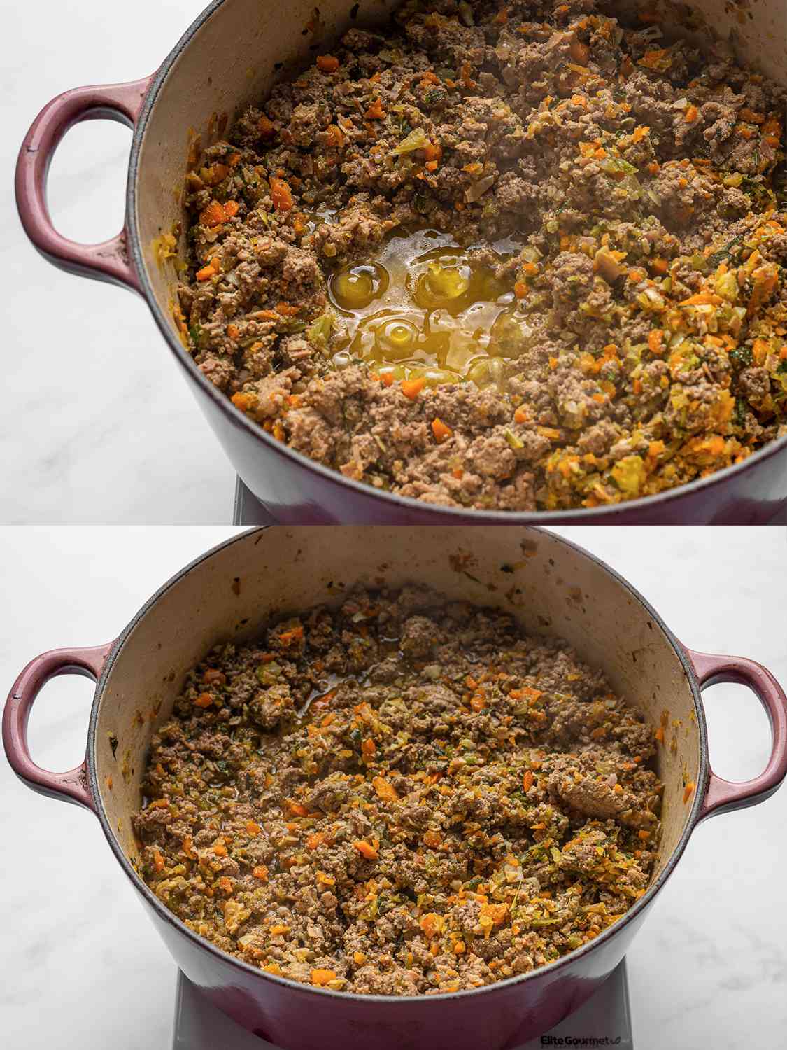 A two-image collage. The top image shows the cooked vegetables and pancetta added to meat mixture inside Dutch oven. The bottom image shows the Dutch oven with most of the liquid evaporated from the meat mixture.