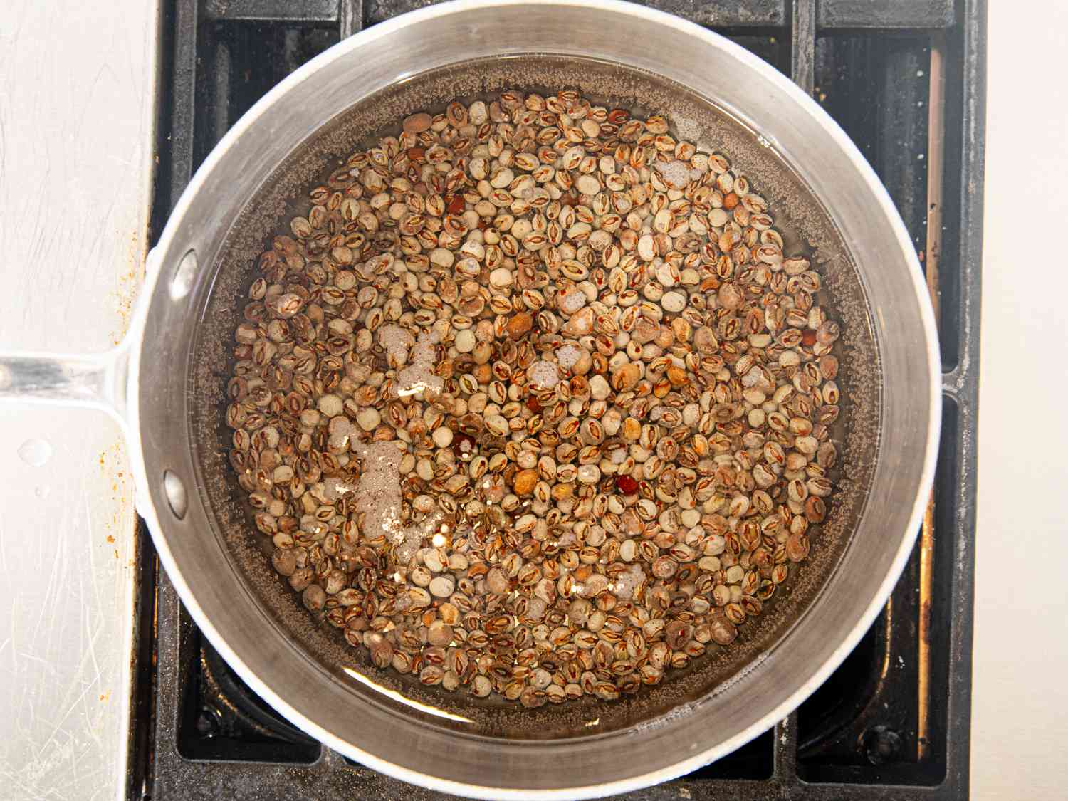 Overhead view of pigeon peas in a pot