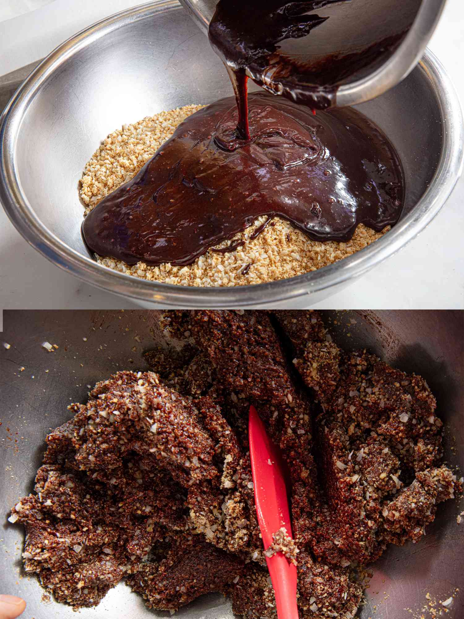 Two image collage of pouring chocolate and making base