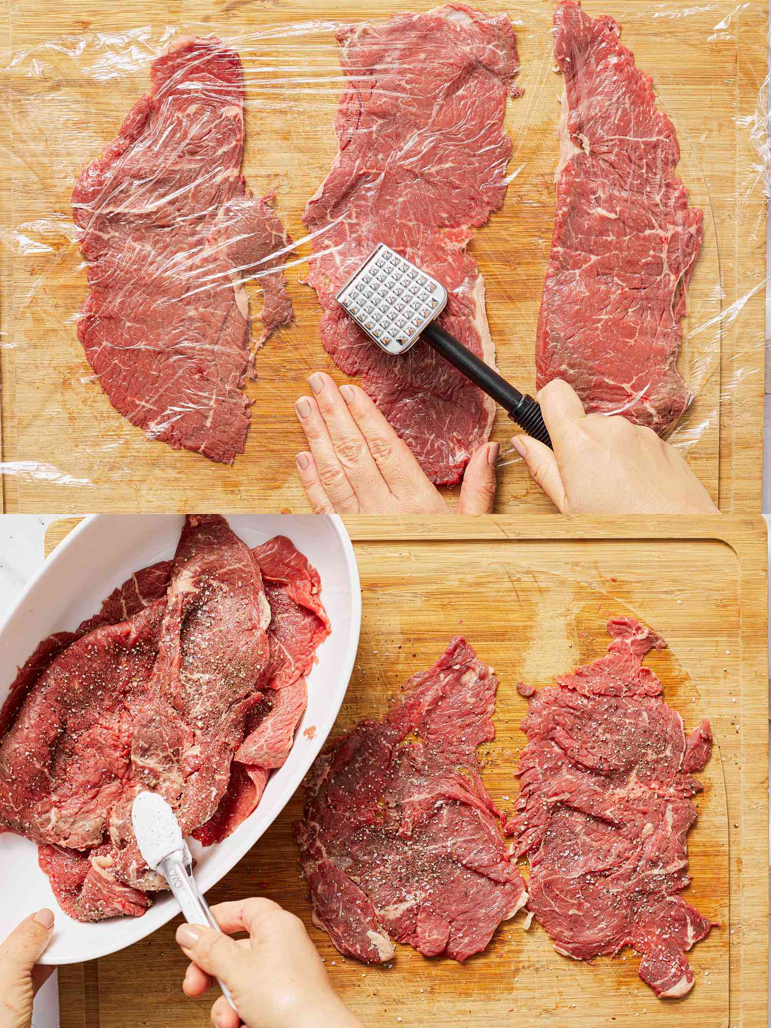 2 image collage. Top: Beef steaks being tenderized on wooden board. Bottom: seasoned meat for cooking being placed in a bowl 