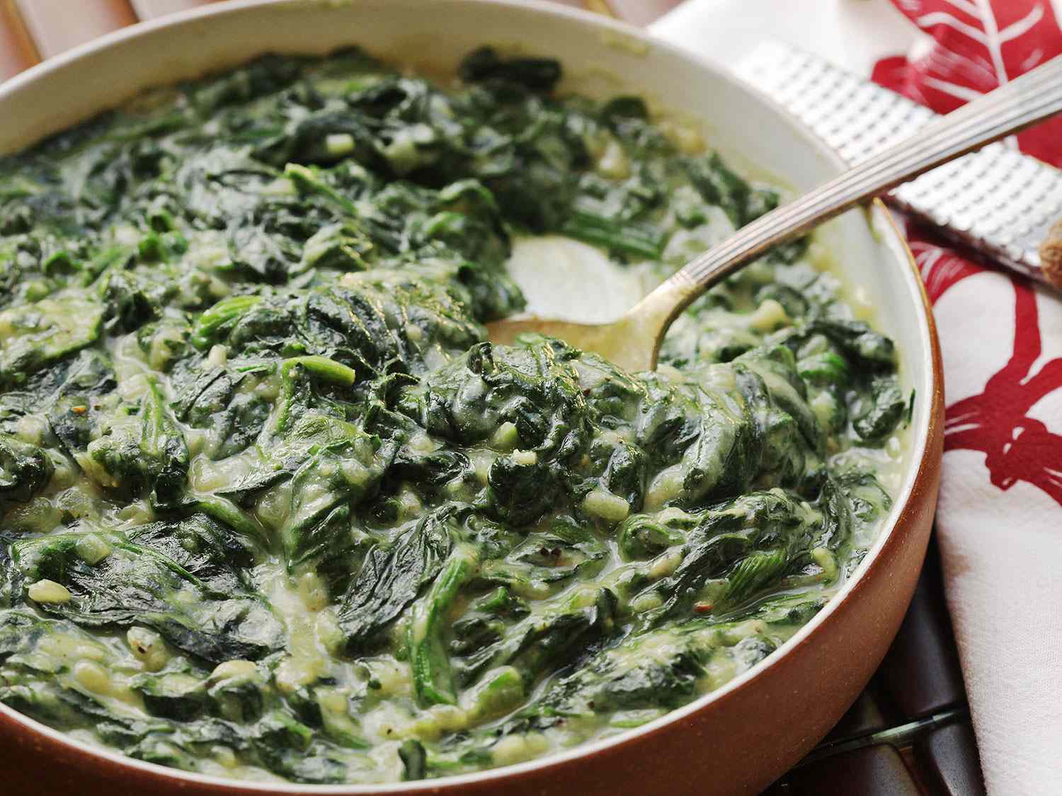 Closeup of vegan cauliflower-creamed spinach.
