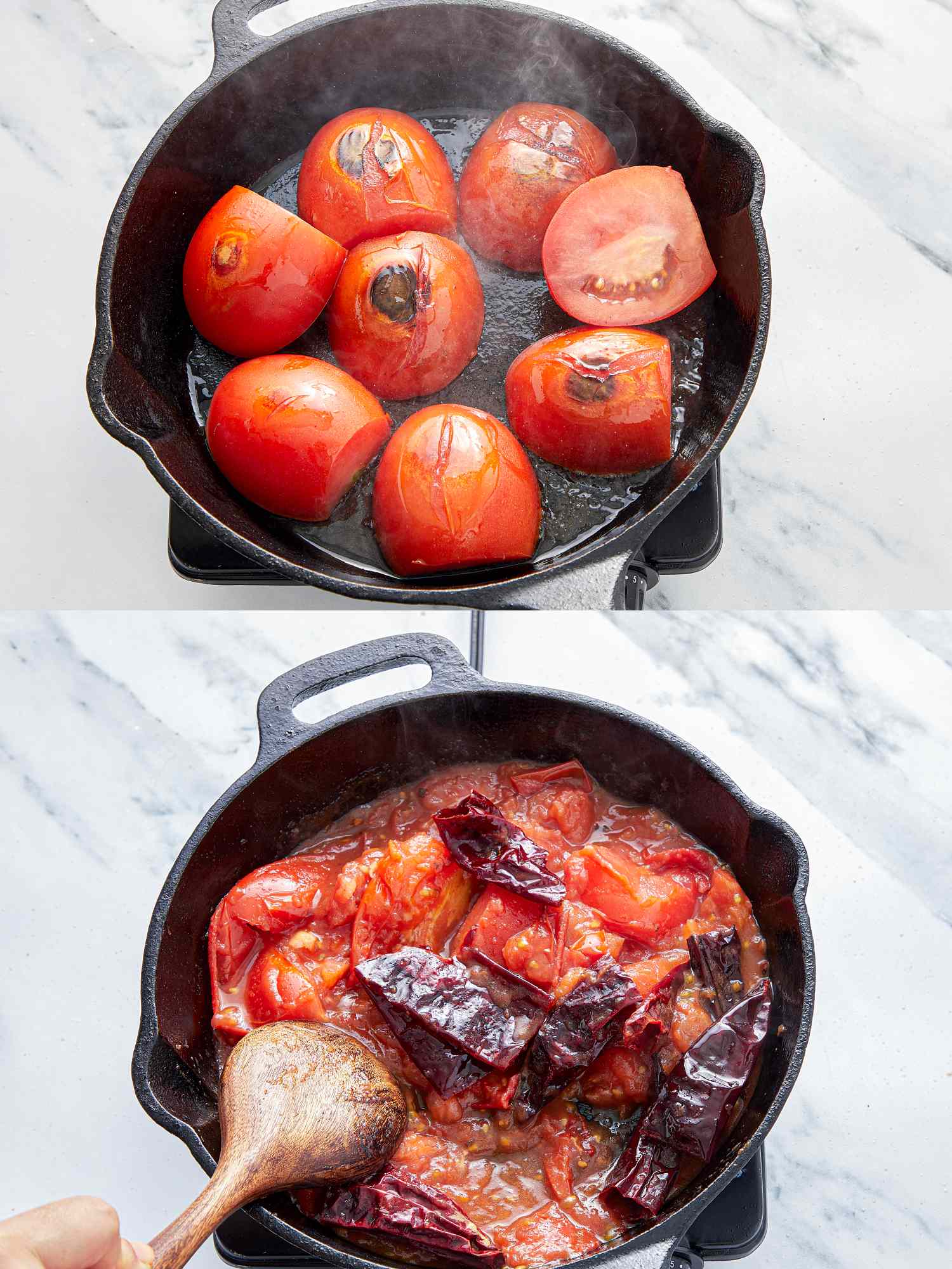 Two cooking stages showing tomatoes being roasted in a skillet then combined with other ingredients including dried chilies and stirred