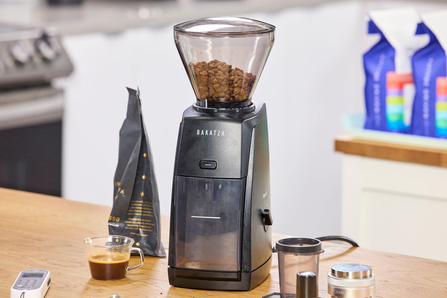 Coffee beans inside the Baratza Encore ESP Coffee Grinder