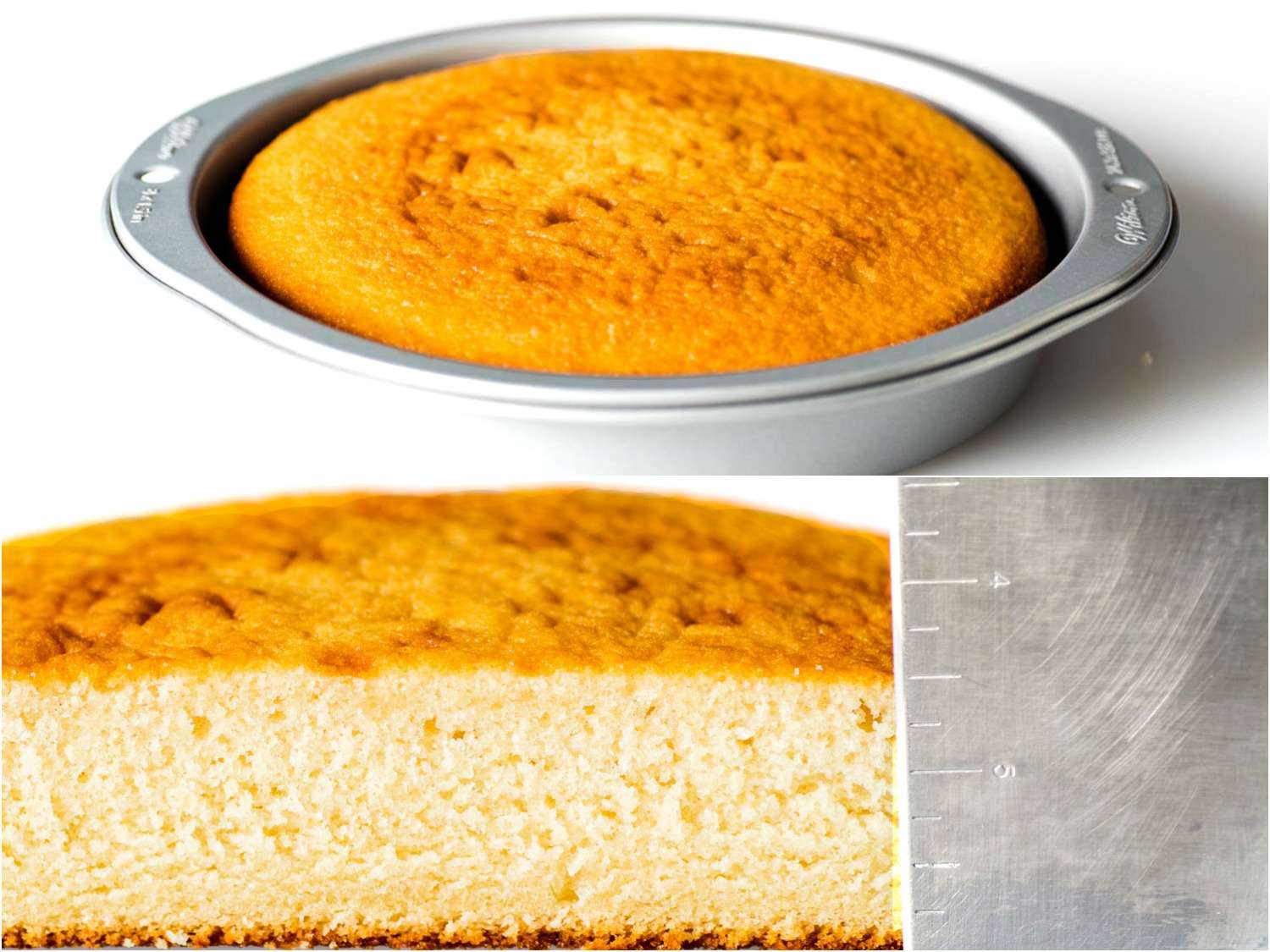 Montage of vanilla cake baked in a cake plan, plus a close-up shot of the cross-section of the cake, and the measurements on the side of the pan. 