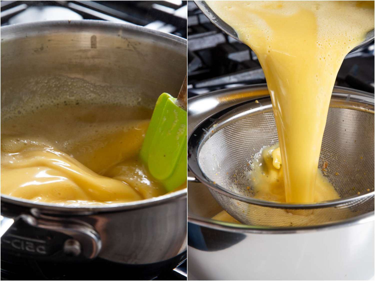 Cooking the pistachio custard, and straining.