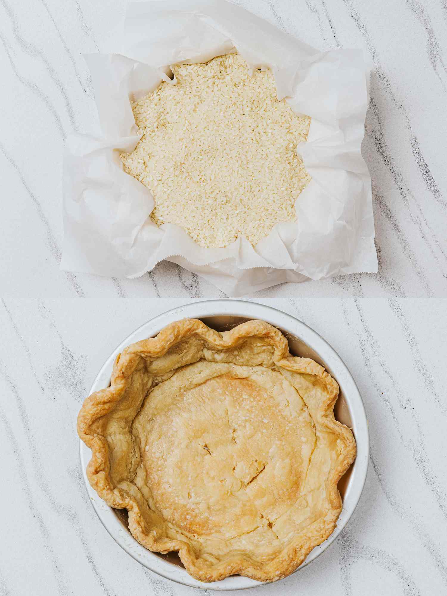 Two image collage of par baking pie shelll
