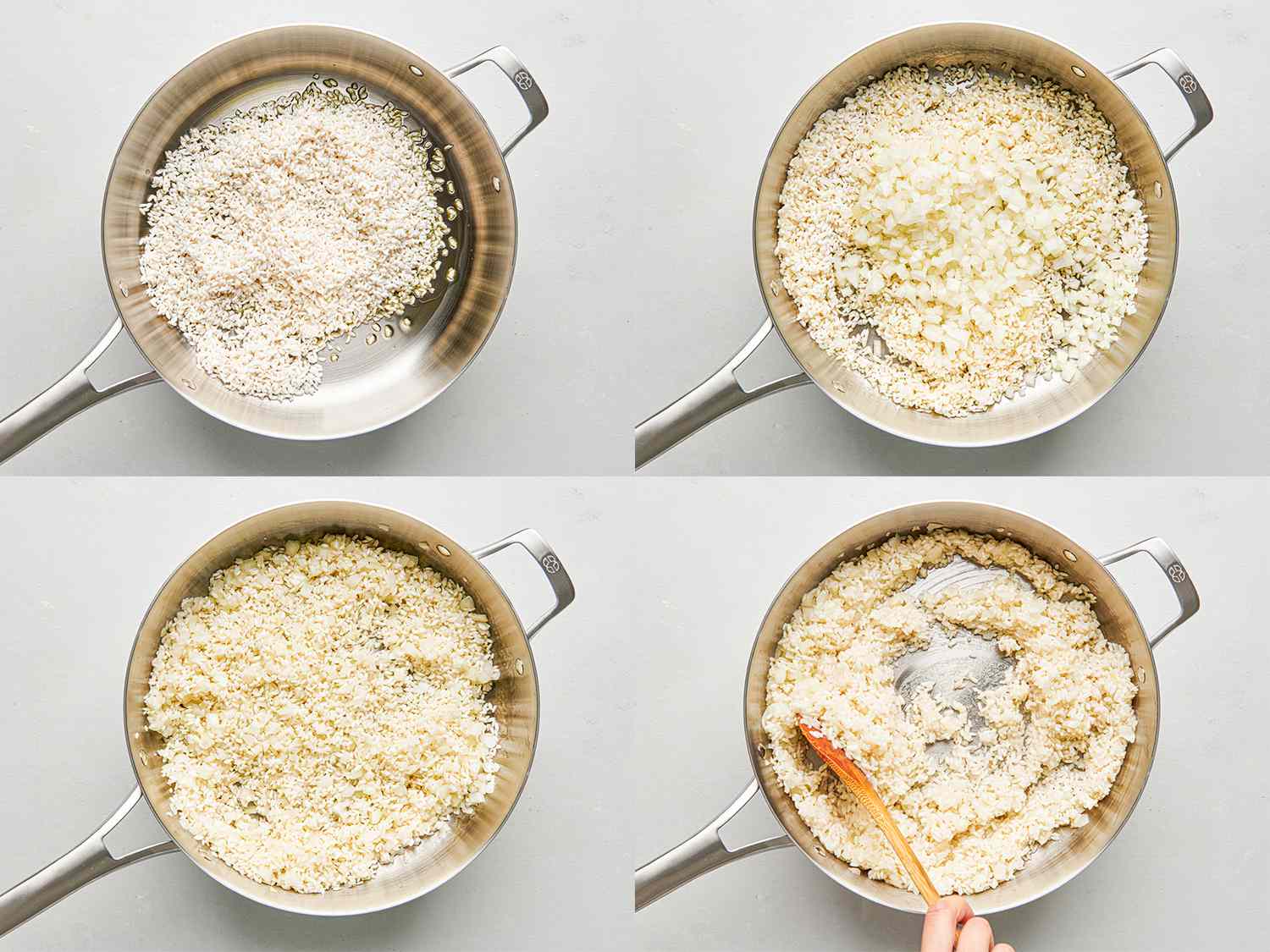 A four-image collage showing rice being toasted in a stainless steel pan. Onion is then added to the pan and stirred with a wooden spoon.