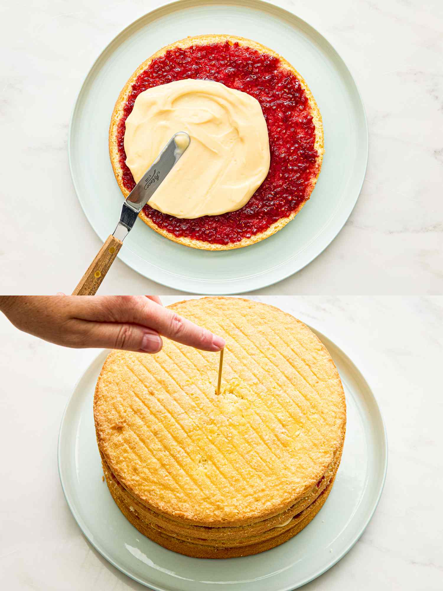 Two panels showing a cake assembly process spreading cream over jam on a layer and inserting a skewer into a stacked cake
