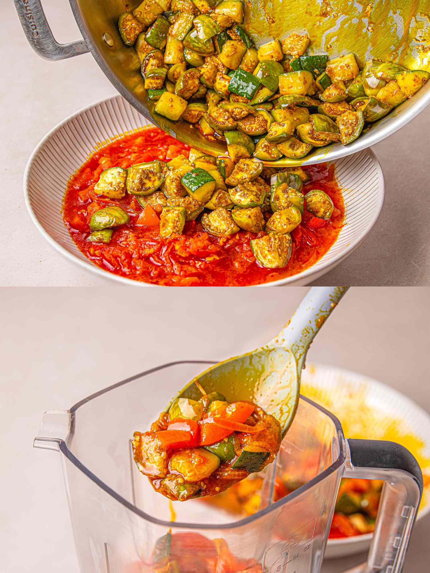 Steps of making Nigerian egg sauce showing cooked vegetables being served and blended