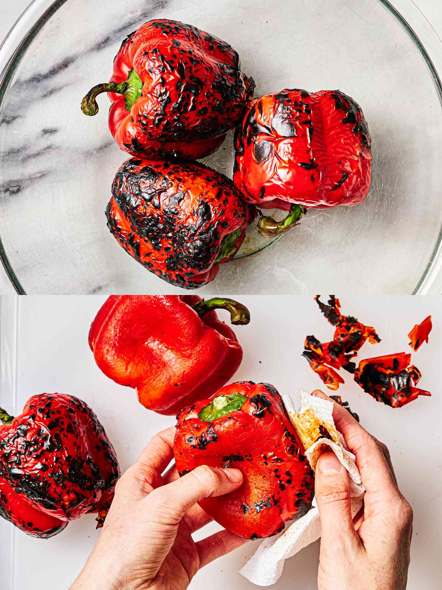 Two image collage of blistered red peppers in a bowl and removing the char from them 