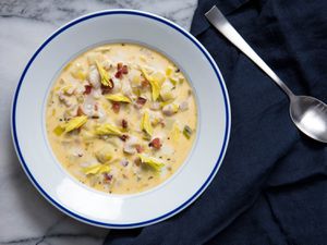 A bowl of chowder made from Pacific razor clams