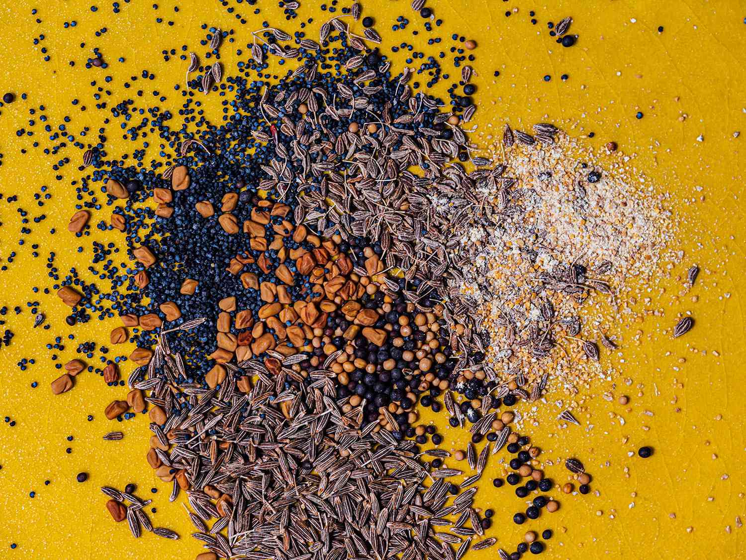 A variety of spices on a bright yellow background
