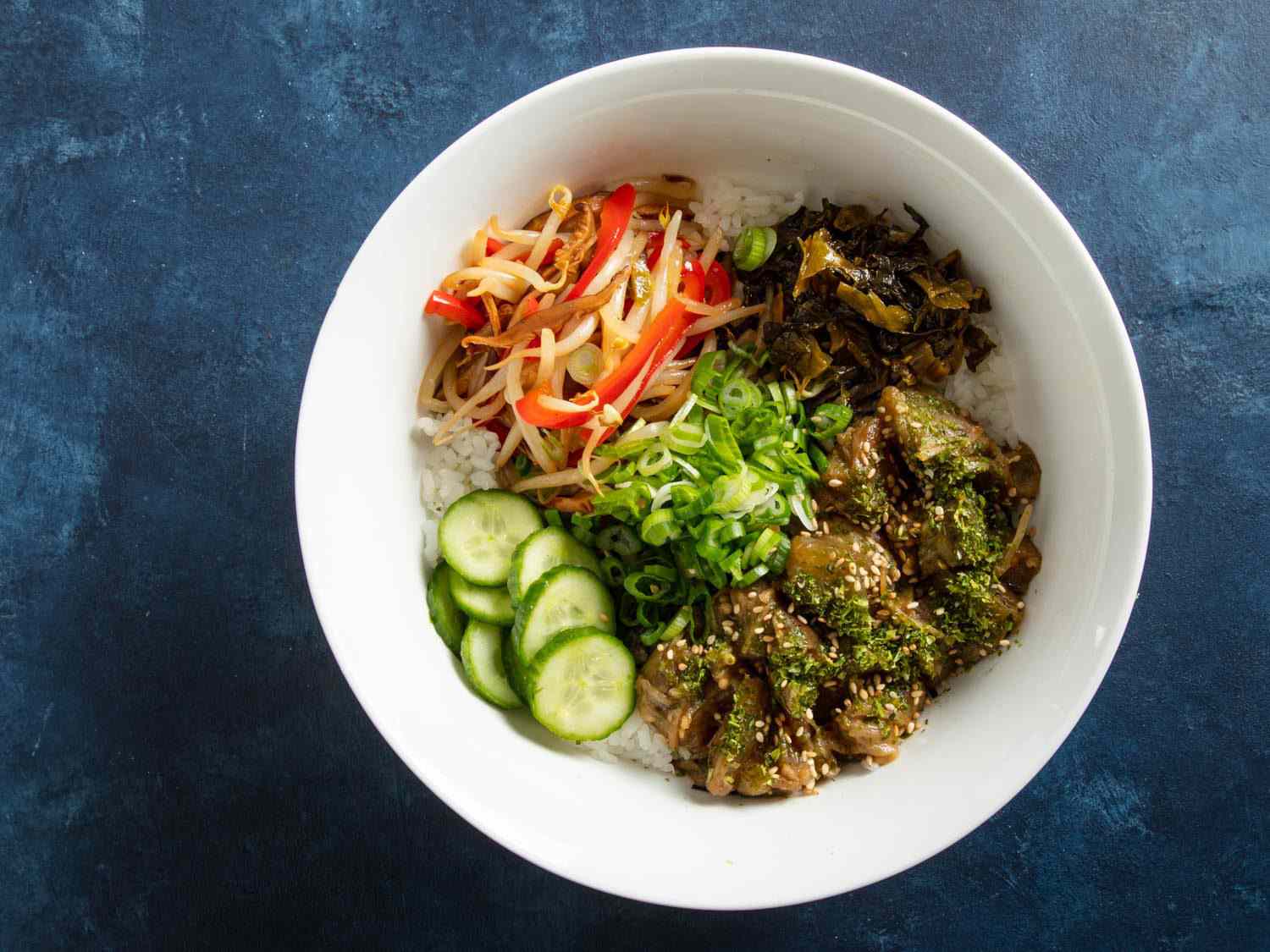 Overhead view of eggplant donburi (rice bowl)