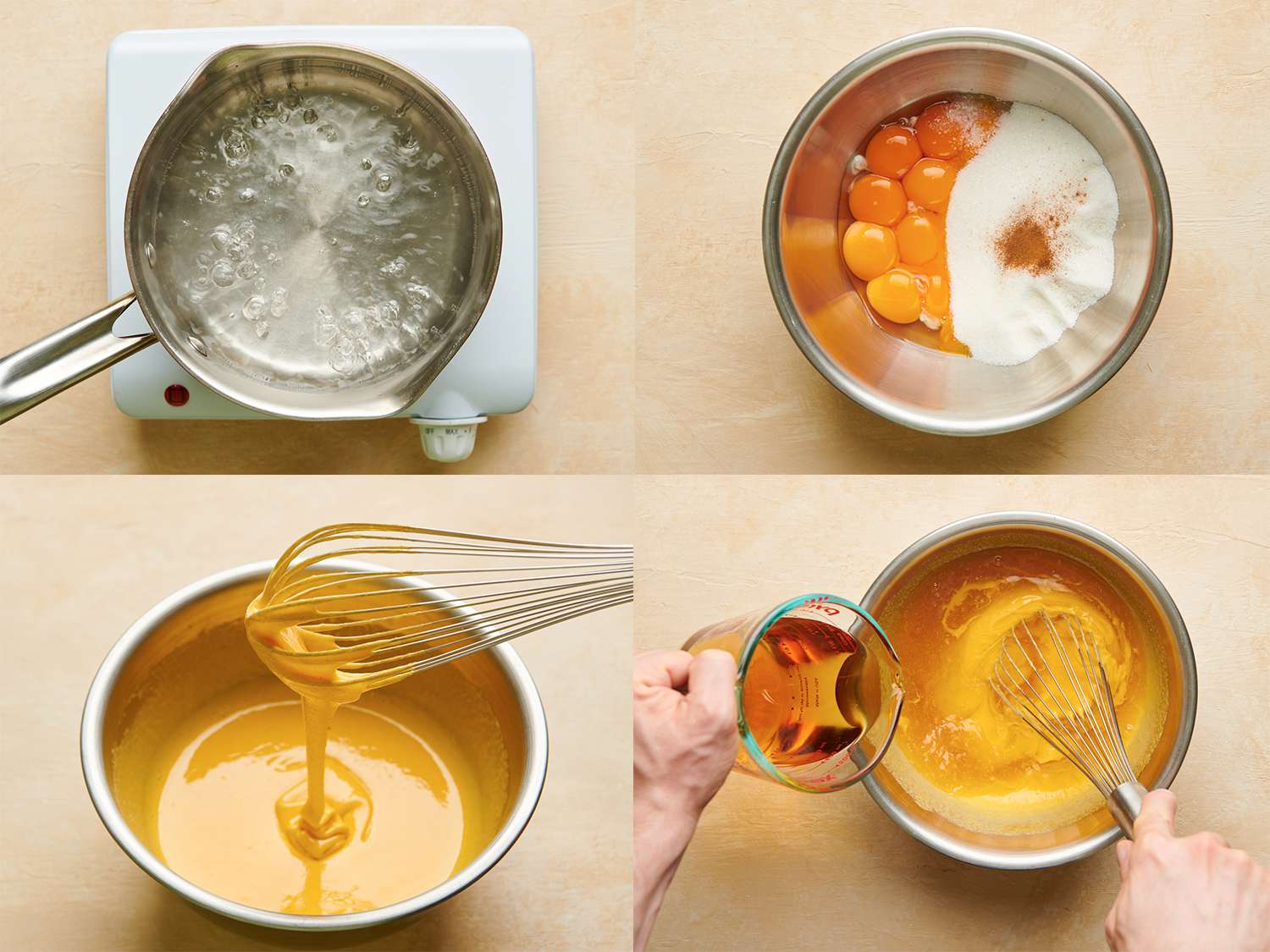 A four-image collage. The top left image shows a pan of water boiling on a hot plate, which will be used in conjunction with a metal bowl as a double-boiler. The top right image shows the eggs, sugar, and cinnamon in a metal bowl. The bottom left image shows the ingredients, combined in a metal bowl, with a whisk being held up and drizzling the liquid to demonstrate the consistency. The bottom right image shows the mixture with alcohol being whisked in.