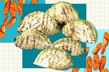 Grilled cabbages and carrots collaged together.