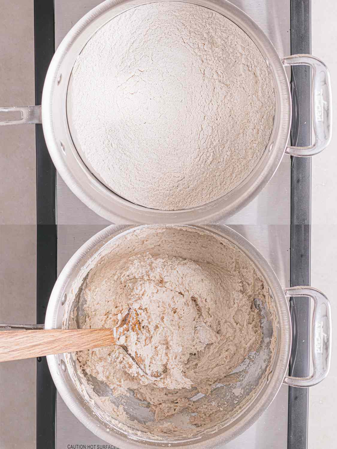 Two image collage of flour and dough forming in a pan