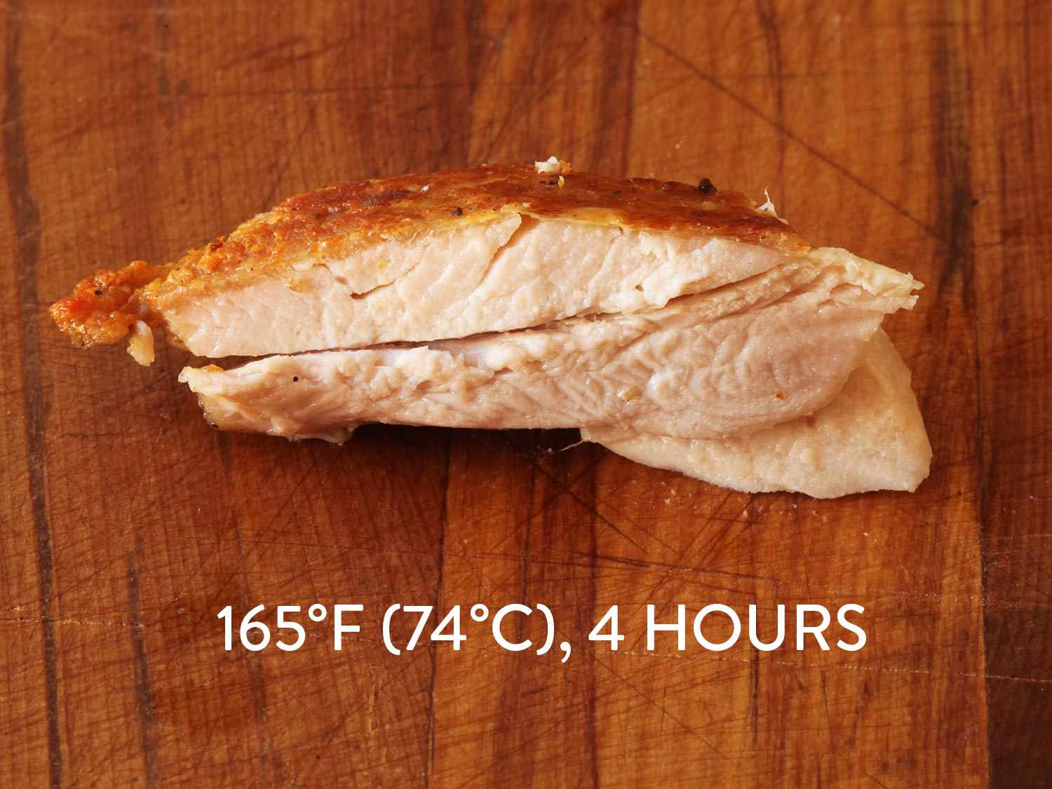 A cut of sous vide chicken cooked at 165 degrees Fahrenheit (74 degrees C) for four hours to make a moderately juicy, pull-off-the-bone tender cut.