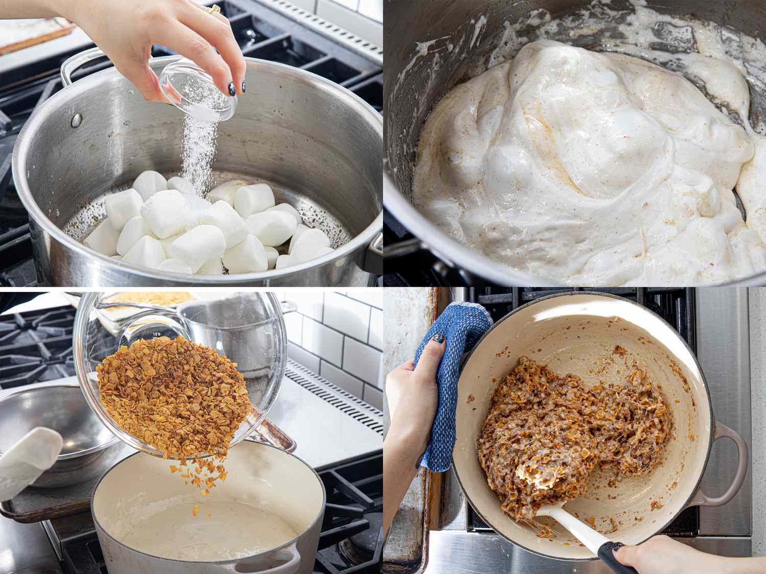 Four image collage of adding salt to marshmellows, marshmellows melting in pot, adding cornflakes, and mixing marshmellows in pot. 